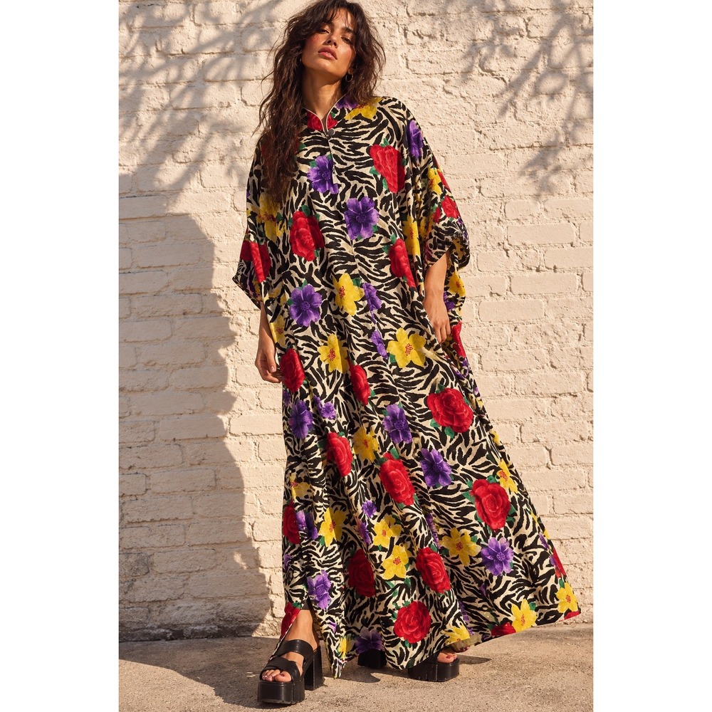 Vintage Simply Basic Caftan Zebra Floral Maxi OSFM